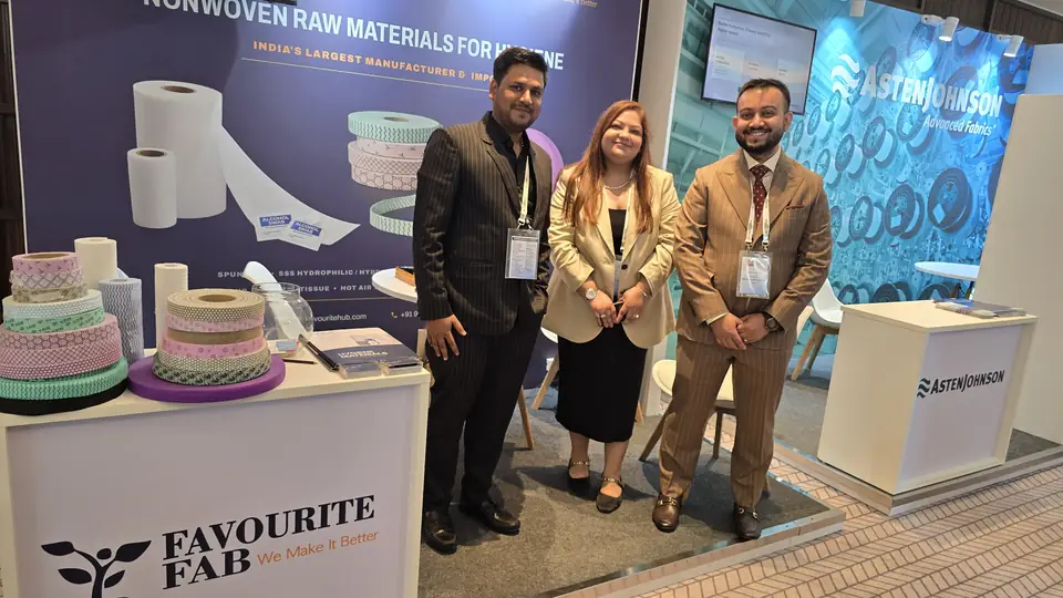 Favourite Fab stall at RIGHT HYGIENE 2026 New Delhi with nonwoven rolls and printed hygiene tapes