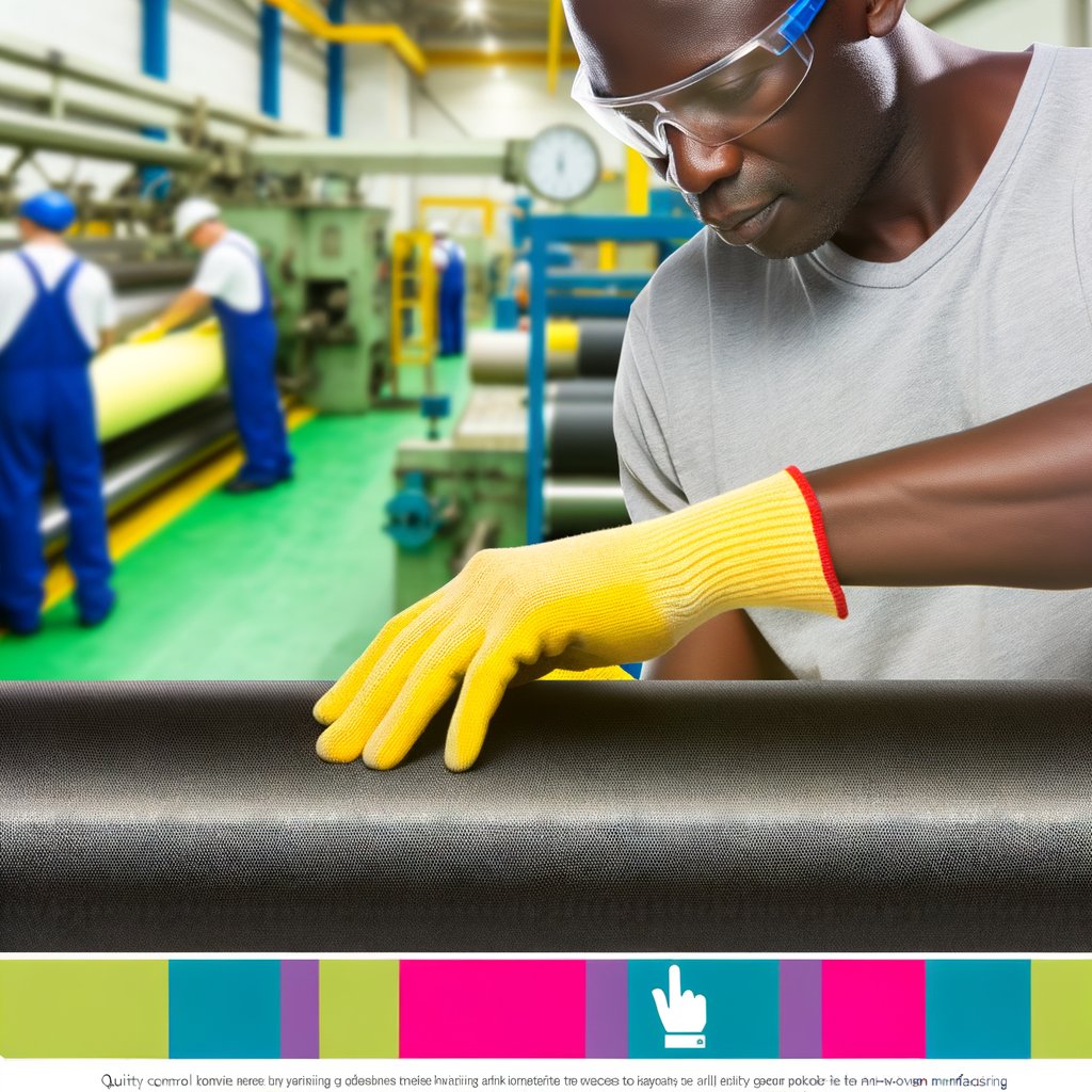 An image showcasing the meticulous quality control process in non-woven fabric manufacturing. The image features workers inspecting a roll of fabric, measuring its thickness, and testing its strength. It also shows various pieces of equipment used for testing and quality assurance.