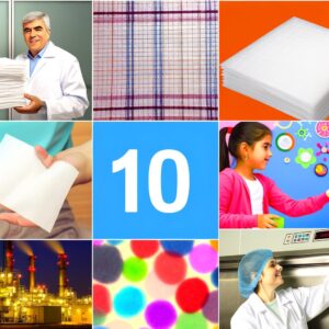 A colorful infographic showcasing the top 10 applications of airlaid material, including hygiene products, medical supplies, tabletop items, filtration media, personal care, packaging, agriculture, automotive, construction, and pet care.