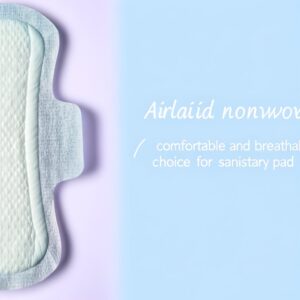 A close-up image of a sanitary pad made with airlaid nonwoven fabric, showcasing its soft, absorbent, and breathable texture. The fabric is white and appears gentle and comfortable against the skin.