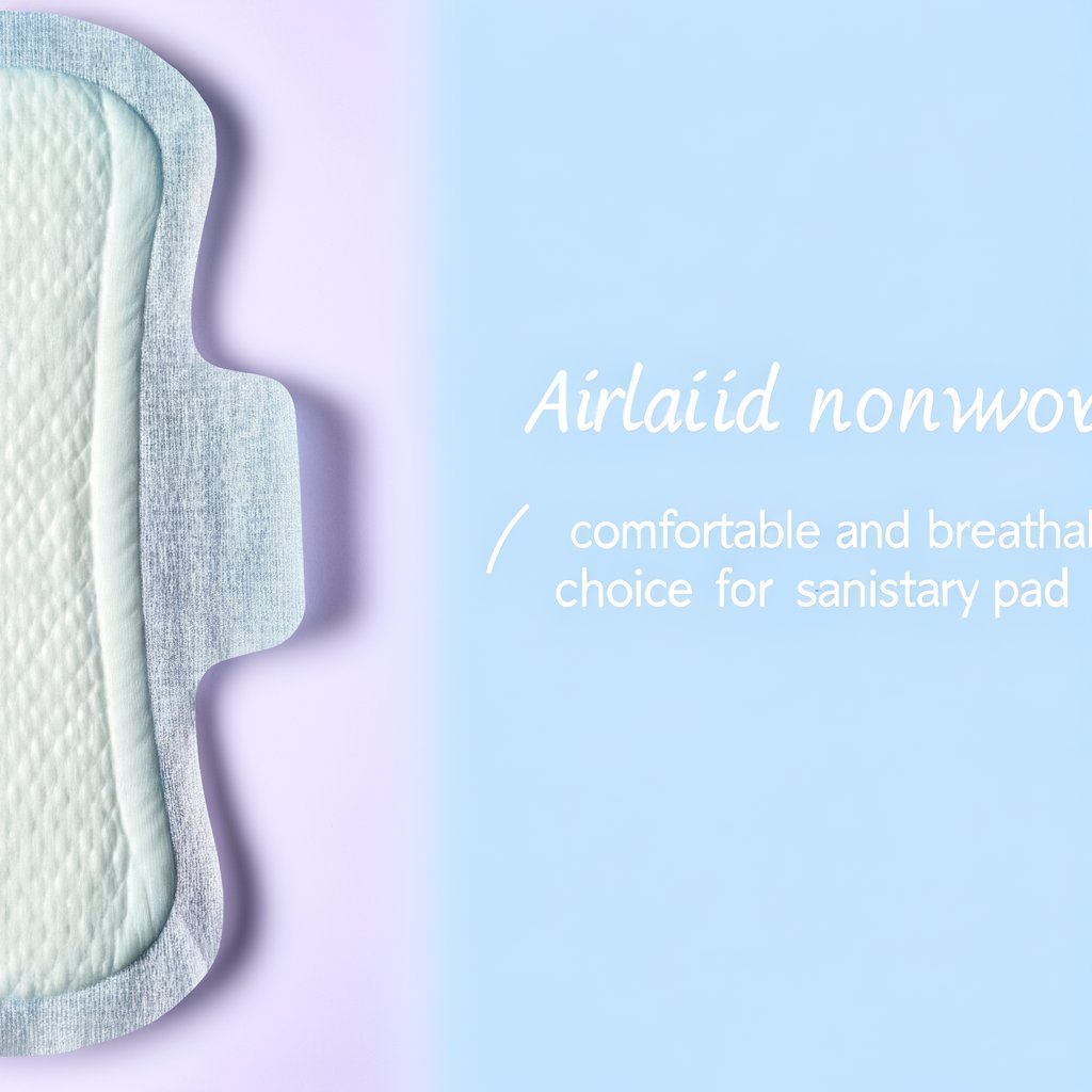 A close-up image of a sanitary pad made with airlaid nonwoven fabric, showcasing its soft, absorbent, and breathable texture. The fabric is white and appears gentle and comfortable against the skin.