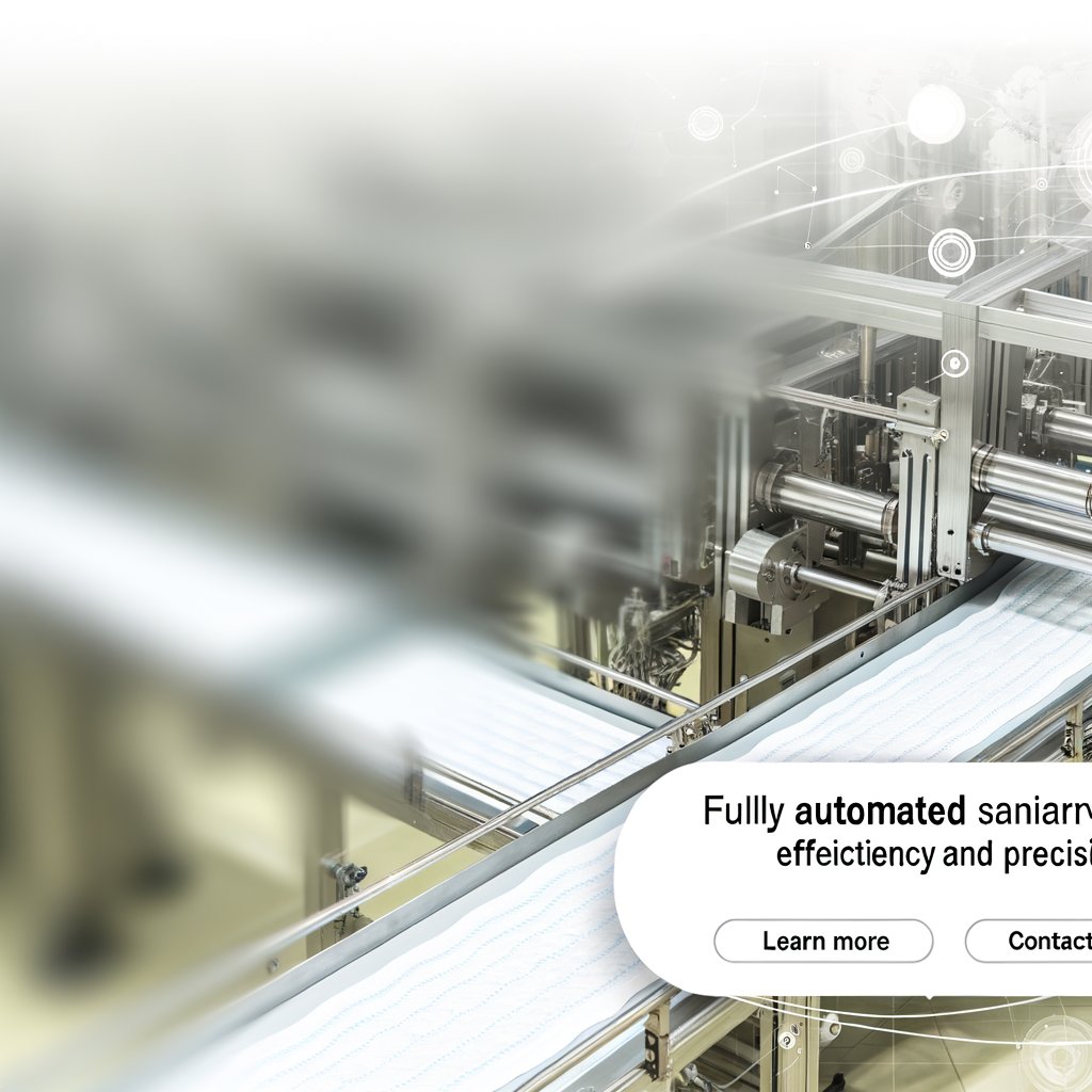 A modern, fully automatic sanitary pad making machine in a factory setting. The machine features a sleek design with a large conveyor belt for transporting pads during production. It is shown in operation, highlighting its efficiency and automated processes.