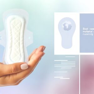 A visual comparison chart of different materials used in maternity pads, showcasing absorbent cores, top sheets, backsheets, and other components. The chart highlights the benefits and considerations of each material, including Superabsorbent Polymers (SAP), fluff pulp, organic cotton, breathable backsheets, and more.