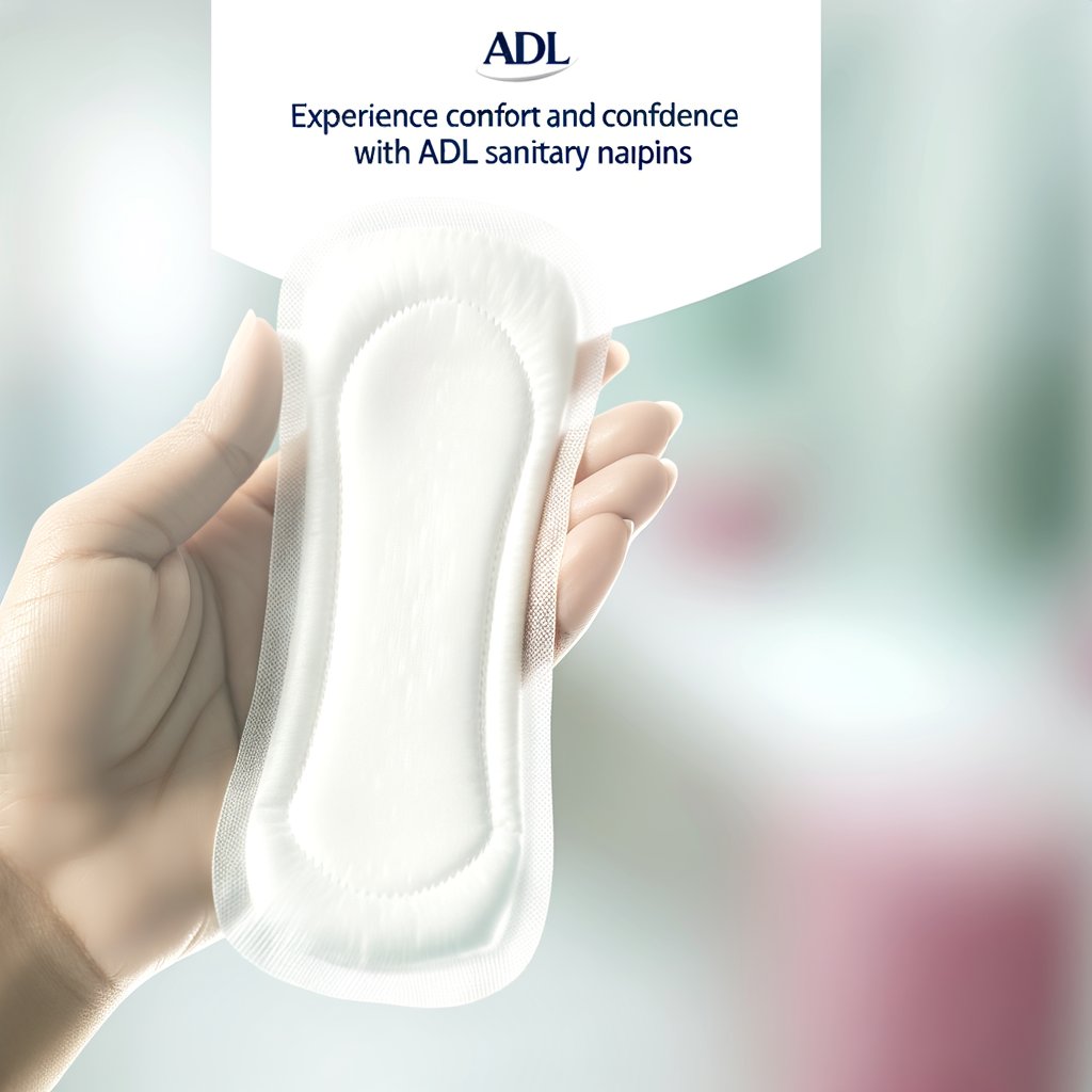 An illustration of a sanitary napkin cut open to reveal its internal layers. The top layer, labeled "Acquisition Distribution Layer (ADL)," is highlighted and depicted as a soft, breathable material. The ADL is shown absorbing menstrual fluid and transferring it to the absorbent core, keeping the skin dry and comfortable.