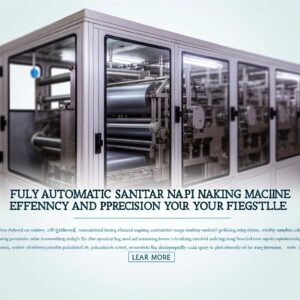 A modern fully automatic sanitary napkin making machine in a factory setting. The machine is showcasing its streamlined production process, featuring a conveyor belt, automated packaging, and multiple stations for various tasks like pad forming, wrapping, and sealing. The machine is clean, efficient, and demonstrates the advantages of automated sanitary napkin production.