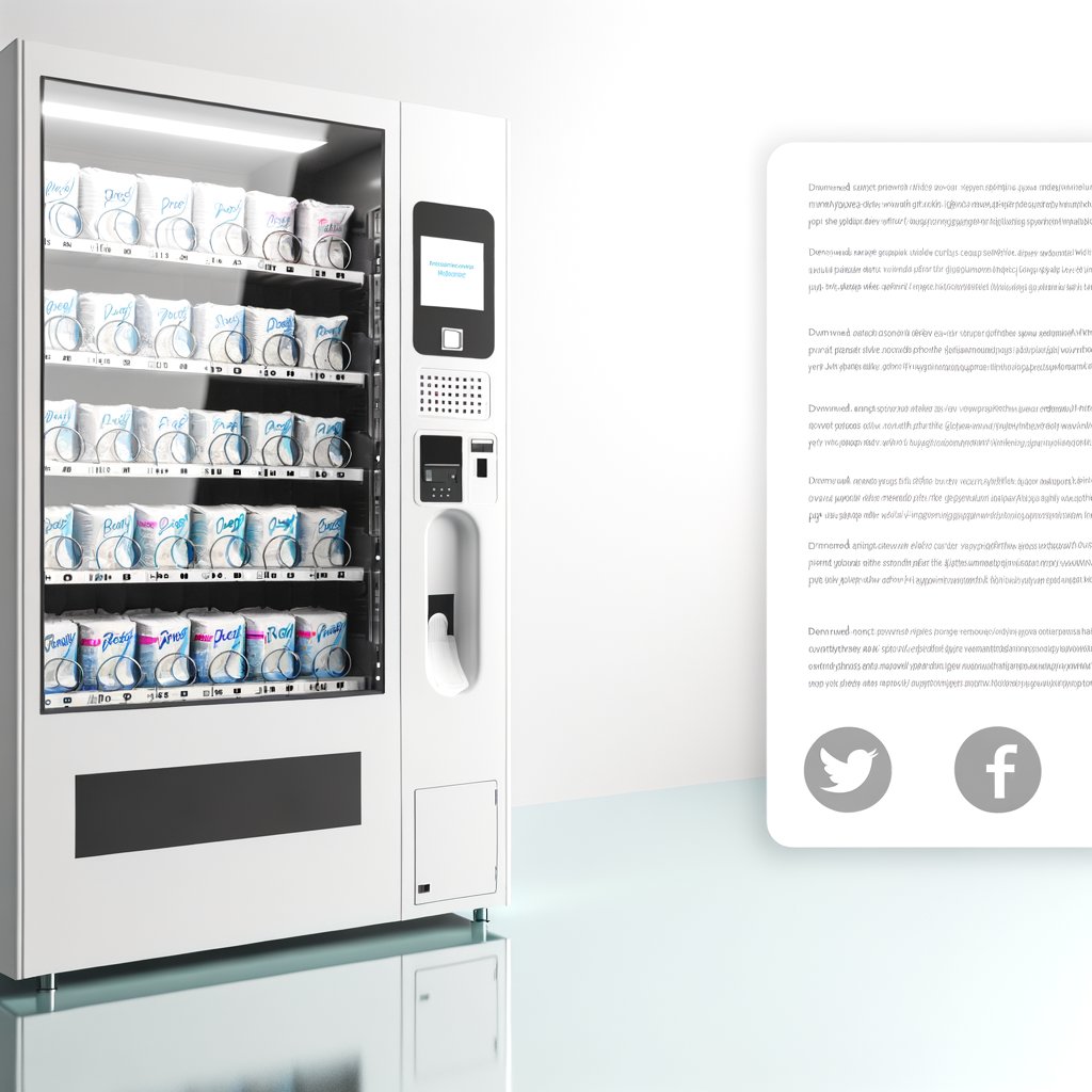 A graphic comparing different types of sanitary pad vending machines, including a basic dispenser, a standard coin-operated machine, a touchless dispenser, a wall-mounted model, and a large-capacity vending machine. Each type is illustrated with a simple icon and accompanied by an estimated price range.