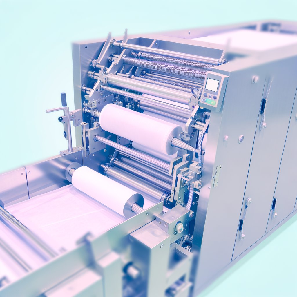 A close-up image of a sanitary napkin making machine in a factory setting. The machine is made of stainless steel and features multiple rollers and conveyor belts, showcasing its automated process of producing sanitary napkins.