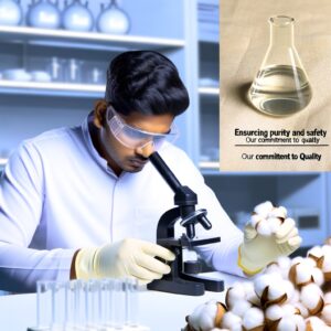 A close-up image of a lab technician performing quality control tests on sanitary napkin raw materials, with various equipment and samples visible in the background. The image highlights the importance of rigorous testing and quality assurance in the production of safe and effective hygiene products.