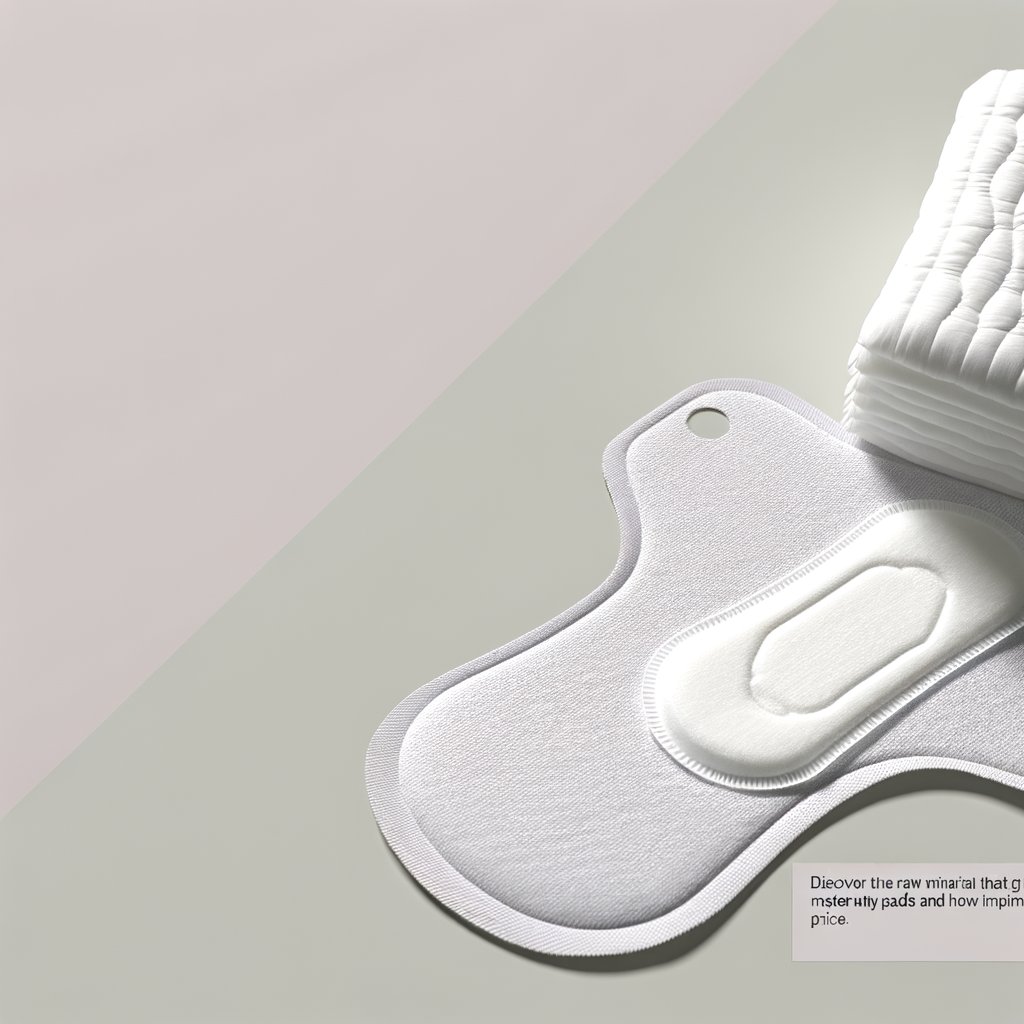 A graphic illustrating the cost breakdown of raw materials for sanitary pads. The graphic shows a pie chart with different sections representing SAP, non-woven fabric, pulp, hot melt adhesive, and packaging materials. Each section is labeled with its estimated price range per kg.