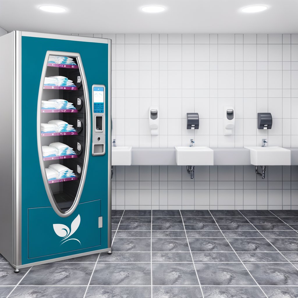 A group of school girls stand smiling in front of a sanitary pad vending machine, showcasing a clean and accessible solution for menstrual hygiene in educational settings. The vending machine is modern and brightly colored, with a clear display screen, promoting a positive and comfortable experience for young women.