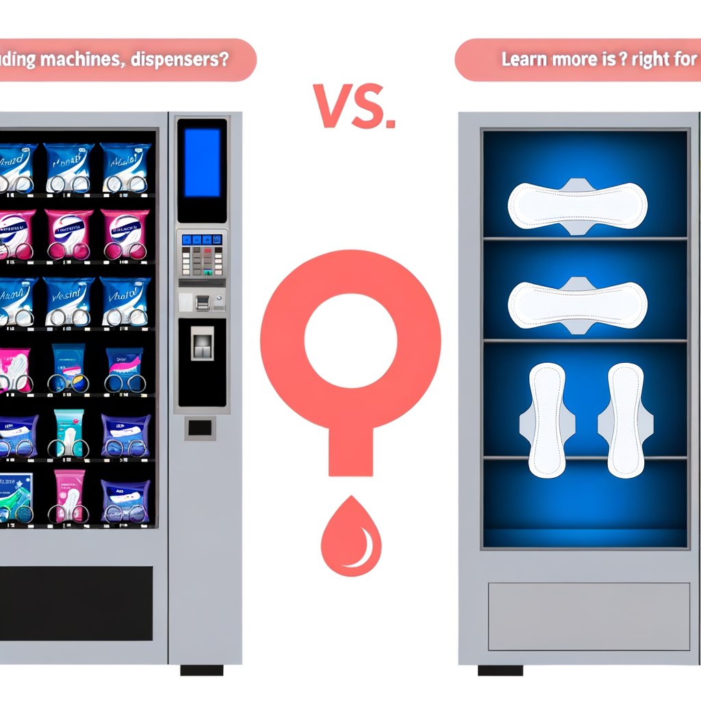 A comparison image showing a sanitary pad vending machine on the left and a sanitary pad dispenser on the right. The vending machine is modern and sleek, with a touchscreen interface and a clear display of available products. The dispenser is simpler, wall-mounted, and features a transparent compartment revealing sanitary pads. Both options offer convenient access to feminine hygiene products.