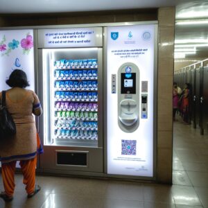 A modern, sleek sanitary pad vending machine in Mumbai, offering a discreet and convenient way for women to access essential menstrual hygiene products. The machine features a user-friendly interface and accepts both coins and digital payments.