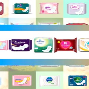 A colorful infographic showcasing the top 10 sanitary pad manufacturers in India, including Whisper, Stayfree, Sofy, Carefree, Nua, Paree, VWash, Anandi Pads, Saathi, and Eco Femme. Each company's logo is displayed alongside key highlights of their products and contributions to the feminine hygiene industry.