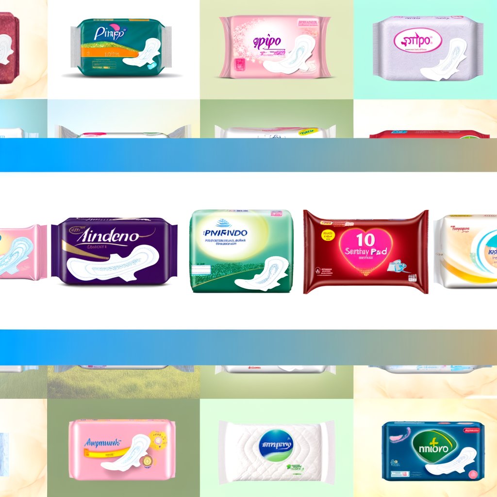 A colorful infographic showcasing the top 10 sanitary pad manufacturers in India, including Whisper, Stayfree, Sofy, Carefree, Nua, Paree, VWash, Anandi Pads, Saathi, and Eco Femme. Each company's logo is displayed alongside key highlights of their products and contributions to the feminine hygiene industry.