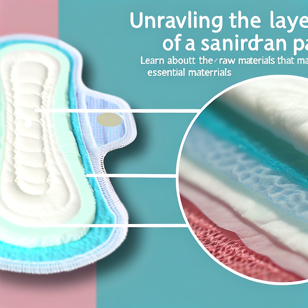 A graphic illustration depicting the cross-section of a sanitary pad, highlighting its different layers: the top sheet, absorbent core, back sheet, adhesive, and release paper. Each layer is labeled with its name and a brief description of its function.