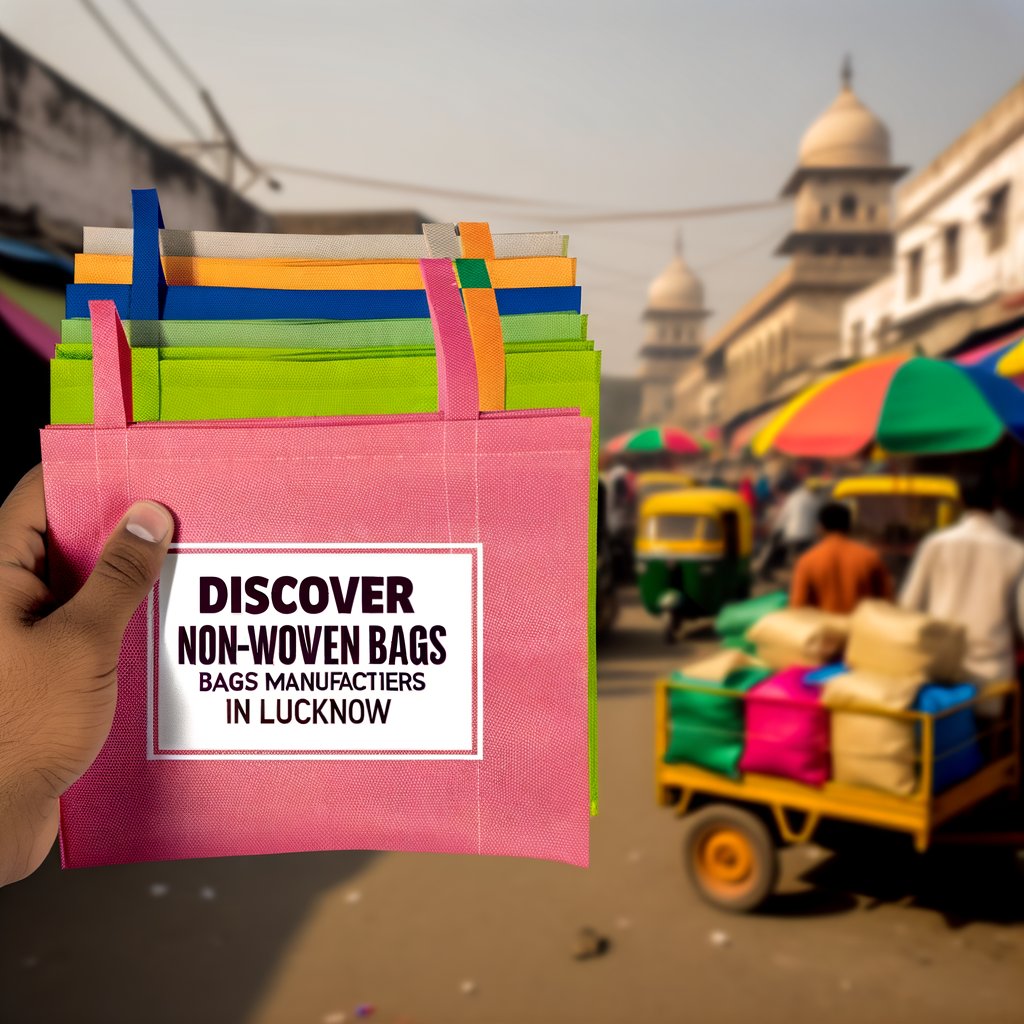 A photograph showcasing a variety of high-quality, eco-friendly non-woven bags manufactured in Lucknow, India. The bags come in various sizes and colors, featuring custom printing options and different handle styles, including D-cut, W-cut, loop handles, and box bottom designs.