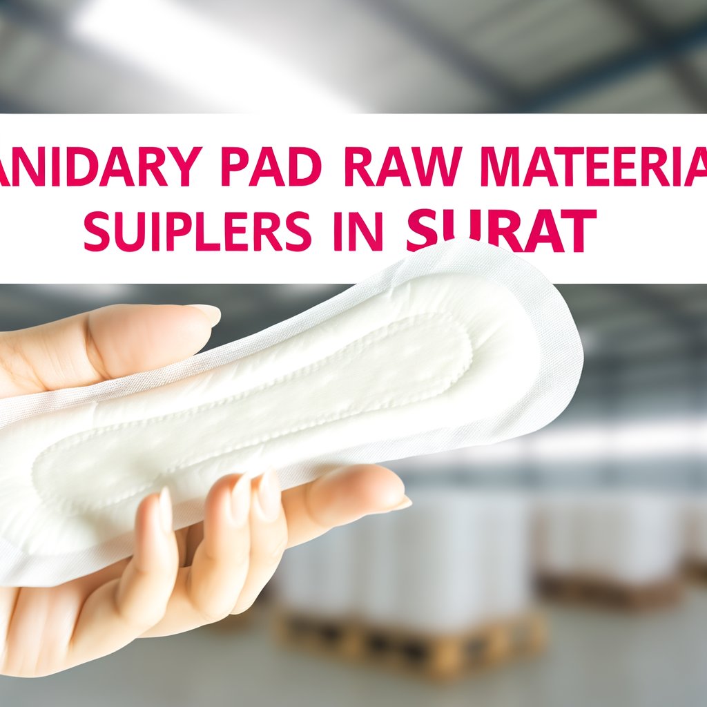 A table displaying various sanitary pad raw materials, including Super Absorbent Polymer (SAP), nonwoven fabric, absorbent core, polyethylene film, release paper, and adhesive. Each material is illustrated with a visual representation and a brief description of its function in a sanitary pad.