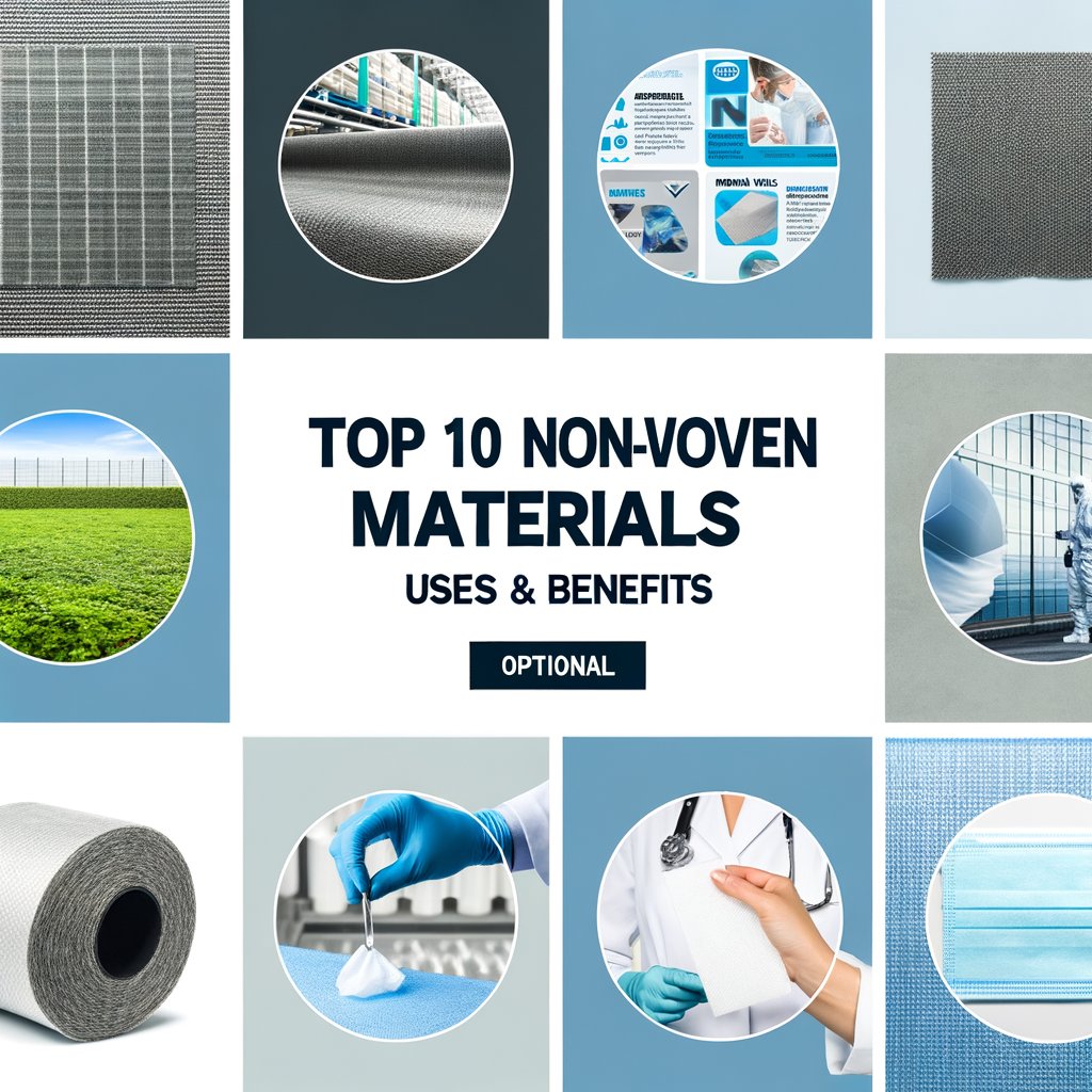 A detailed infographic showcasing the top ten non-woven materials: Polypropylene, Polyester, Rayon, Cellulose, Bicomponent, PLA, PET, Spunbond, Meltblown, and Needlepunch. Each material is represented with a small swatch and a brief description of its properties and common applications, such as medical use, filtration, and packaging.