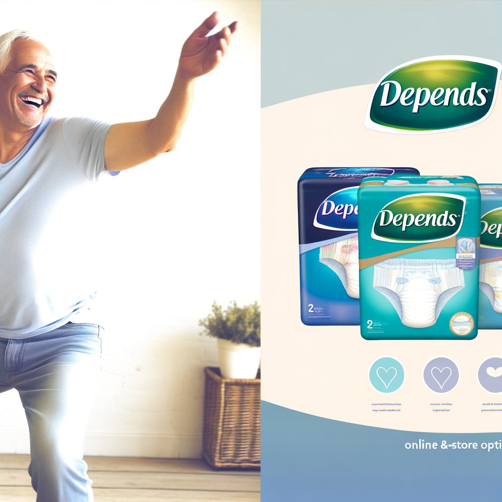 A collage showcasing the diverse range of Depends diapers available for both men and women, highlighting various styles like Depends Silhouette, Fit-Flex, and Real Fit, along with packaging examples from different retailers.
