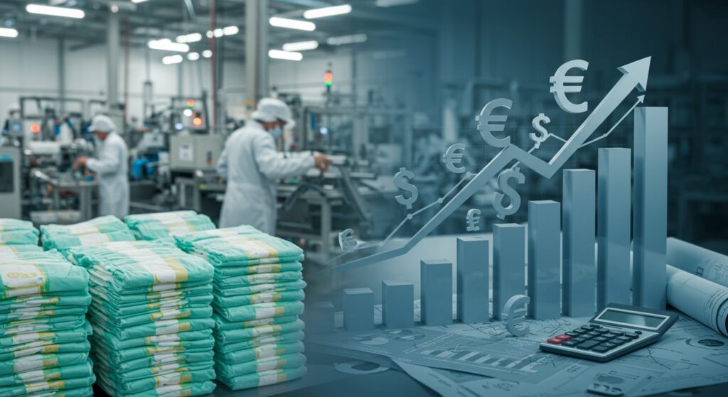 A clean and modern diaper manufacturing facility showcasing a partially automated production line. Workers in protective gear are visible alongside high-tech machinery, processing and packaging disposable baby and adult diapers. The image conveys efficiency, cleanliness, and modern manufacturing processes.