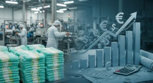 A clean and modern diaper manufacturing facility showcasing a partially automated production line. Workers in protective gear are visible alongside high-tech machinery, processing and packaging disposable baby and adult diapers. The image conveys efficiency, cleanliness, and modern manufacturing processes.