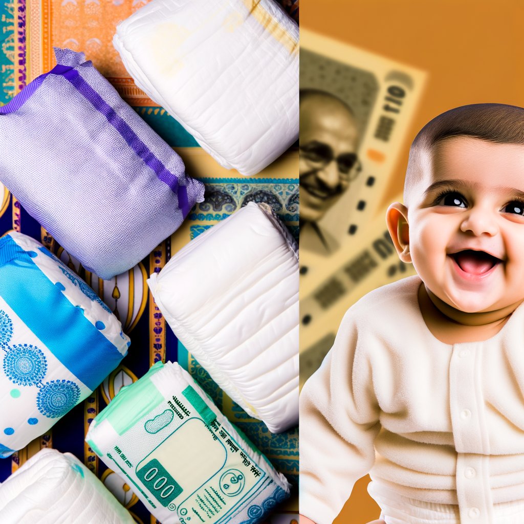 A diverse assortment of baby diapers from various Indian manufacturers, illustrating different styles (tape and pants), sizes, and packaging designs. The image highlights the variety and range of options available in the Indian diaper market.