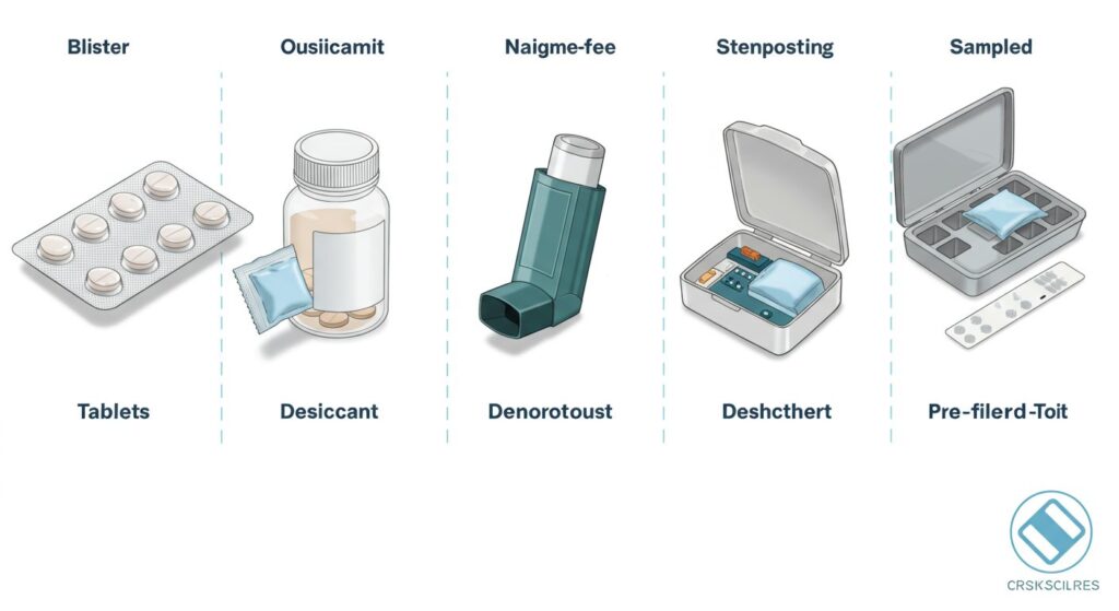 A detailed image showcasing various desiccant packaging solutions, including packets, pouches, and canisters, used to protect pharmaceutical products such as tablets and capsules from moisture damage. The image highlights the diverse forms of desiccant packaging employed to maintain drug stability and efficacy.