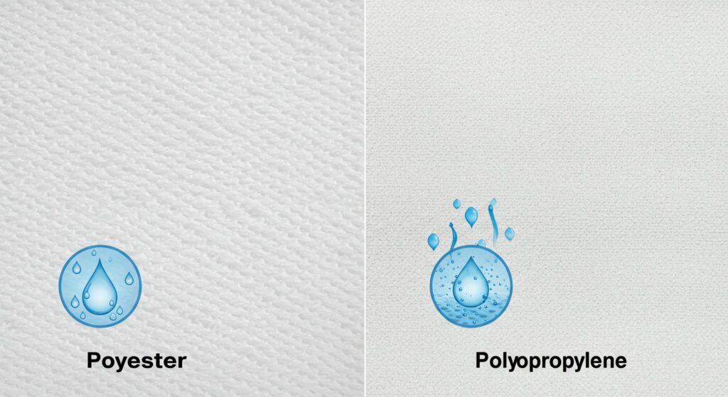 A comparison chart illustrating the key differences between polyester and polypropylene filter fabrics. The chart highlights tensile strength, temperature resistance, chemical resistance, hydrolysis resistance, abrasion resistance, UV resistance, cost, hydrophobicity, and weight for each fabric type.
