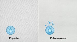 A comparison chart illustrating the key differences between polyester and polypropylene filter fabrics. The chart highlights tensile strength, temperature resistance, chemical resistance, hydrolysis resistance, abrasion resistance, UV resistance, cost, hydrophobicity, and weight for each fabric type.