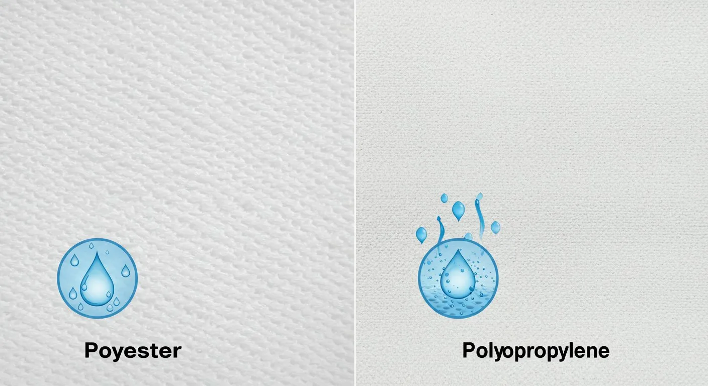 A comparison chart illustrating the key differences between polyester and polypropylene filter fabrics. The chart highlights tensile strength, temperature resistance, chemical resistance, hydrolysis resistance, abrasion resistance, UV resistance, cost, hydrophobicity, and weight for each fabric type.