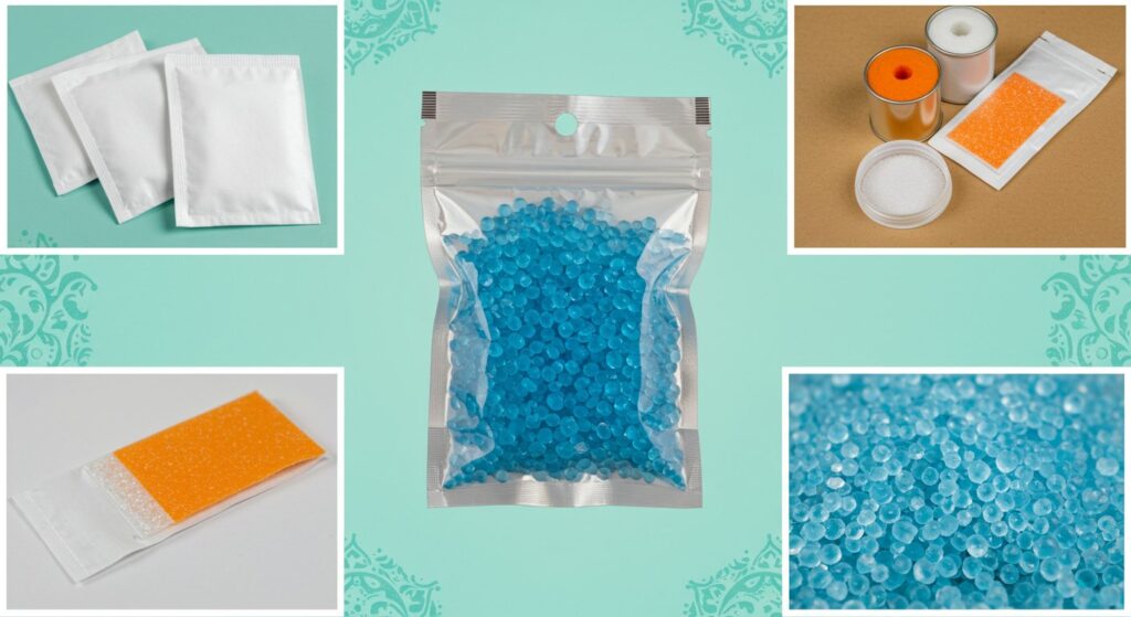 A diverse collection of silica gel packaging materials commonly used in India, showcasing various formats including pouches, sachets, canisters, and different colors indicating moisture absorption levels (e.g., orange indicating silica gel, green indicating saturation). The image highlights the range of options available for moisture control and product protection.