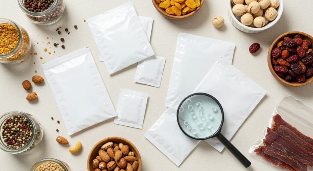 Close-up view of various food-grade silica gel packets showcasing different sizes, types (indicating and non-indicating), and packaging materials. Packets are shown individually and in groups to illustrate the range of options available for food preservation.