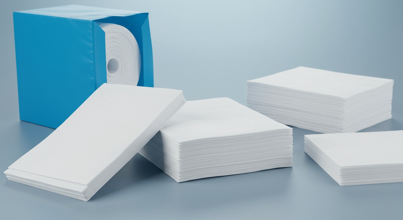 A neatly stacked pile of precisely cut, sterile nonwoven sheets ready for medical applications. The sheets are uniform in size and show clean edges, highlighting the precision cutting process.