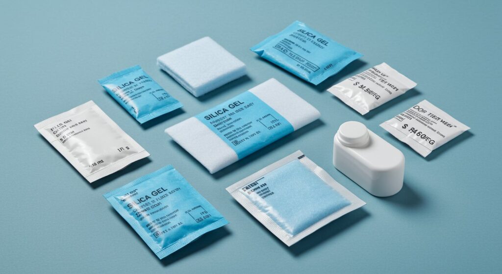 "Various types of silica gel desiccant packaging, showcasing different sizes and formats including small packets, larger bags, and containers. Some packets show indicating silica gel, changing color from blue (dry) to pink (saturated) to illustrate moisture absorption."