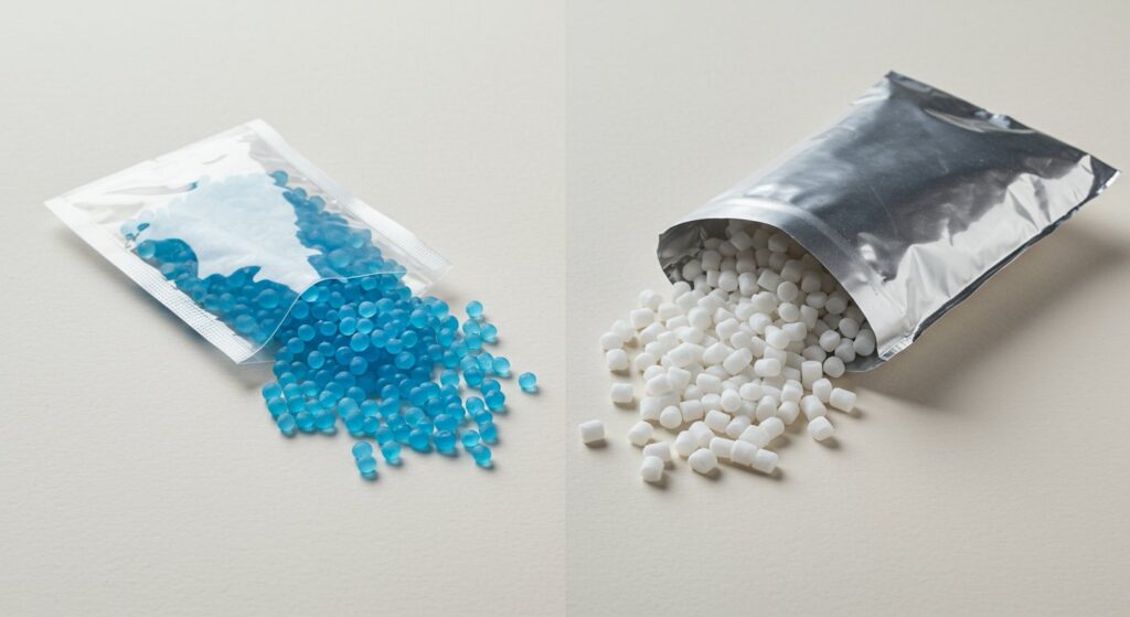 Close-up comparison shot showing packets of silica gel beads (small, translucent, porous beads) next to a sample of molecular sieve (typically white or light-colored granules with a more uniform appearance). Both are clearly labelled for identification.