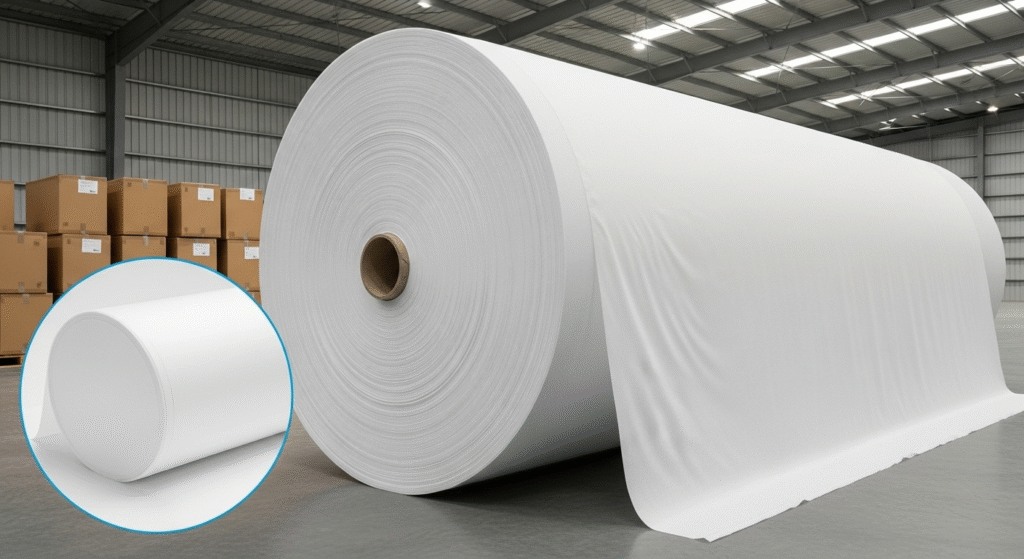 A large roll of spunlace nonwoven fabric ready for shipment, showcasing its texture and quality for industrial and commercial use.