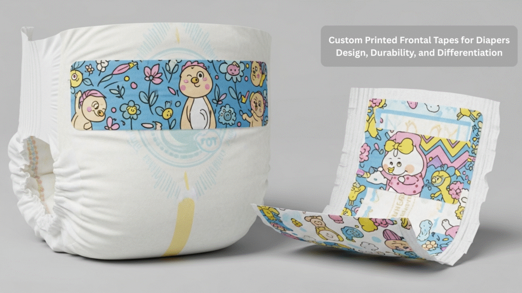 A colorful diaper features a custom printed frontal tape that showcases a unique brand design.