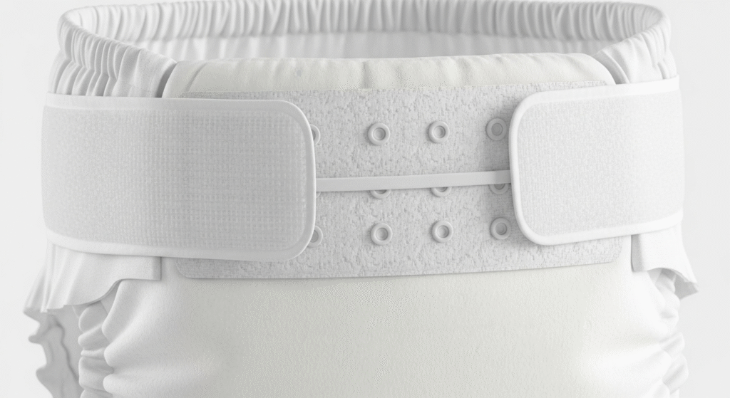 An eco-friendly diaper featuring a mechanical hook frontal tape for a secure and adjustable fit.