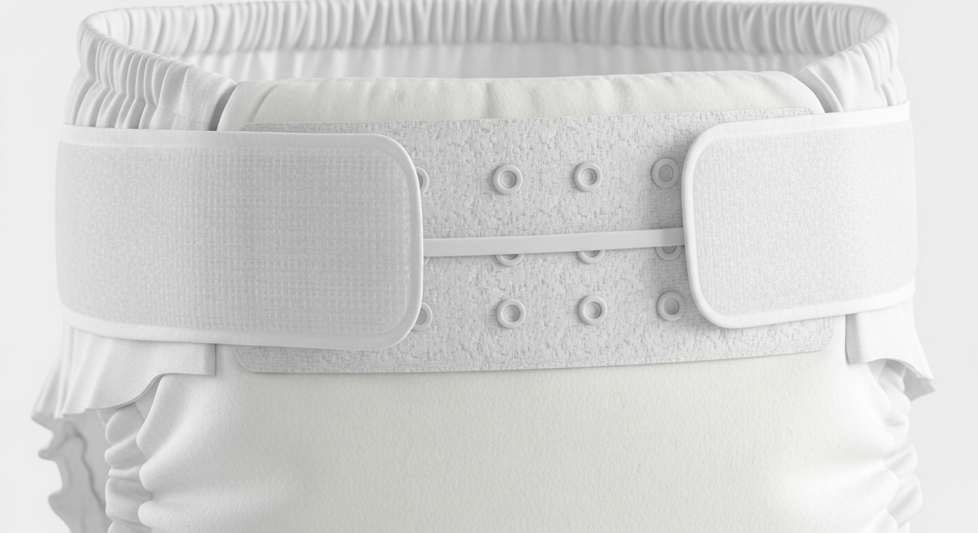 An eco-friendly diaper featuring a mechanical hook frontal tape for a secure and adjustable fit.
