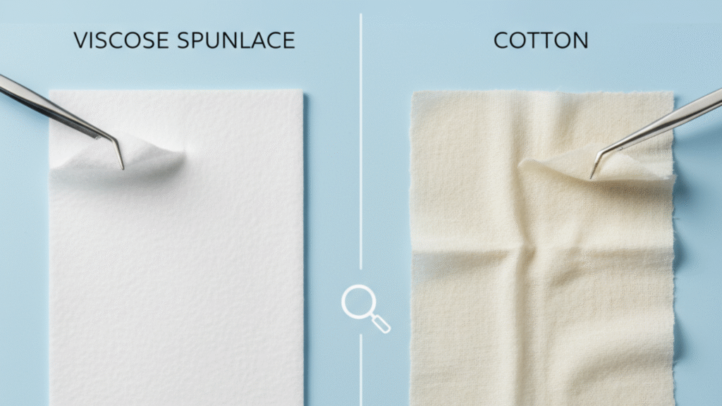 A comparison of viscose spunlace vs cotton for medical applications, highlighting their different textures and material properties.