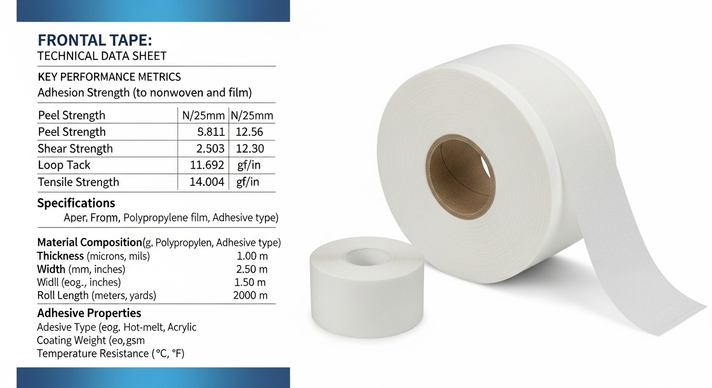 A detailed frontal tape technical data sheet displaying key performance metrics, specifications, and adhesive properties.