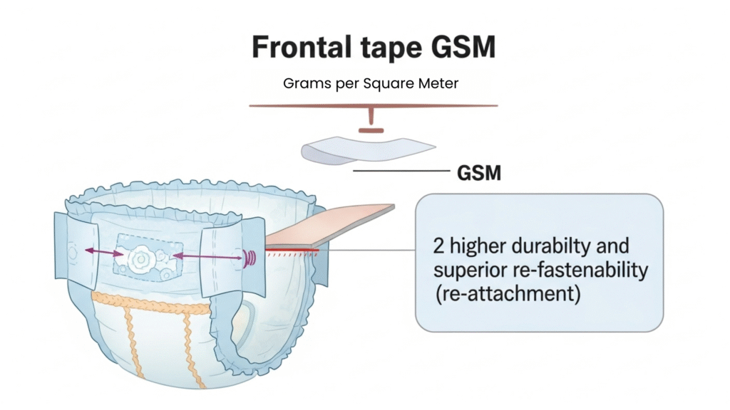 A detailed visual guide explaining how frontal tape GSM affects the re-fastenability and overall durability of diapers.