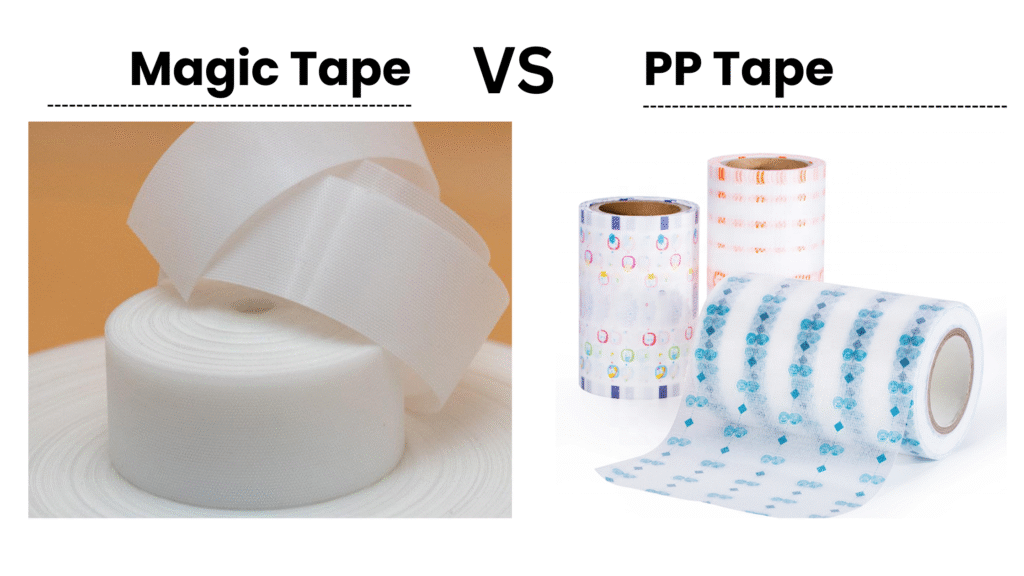 Side-by-side comparison of matte "Magic Tape" and glossy "PP Tape" rolls, clearly showing the visible difference between magic tape and pp tape for commercial users.