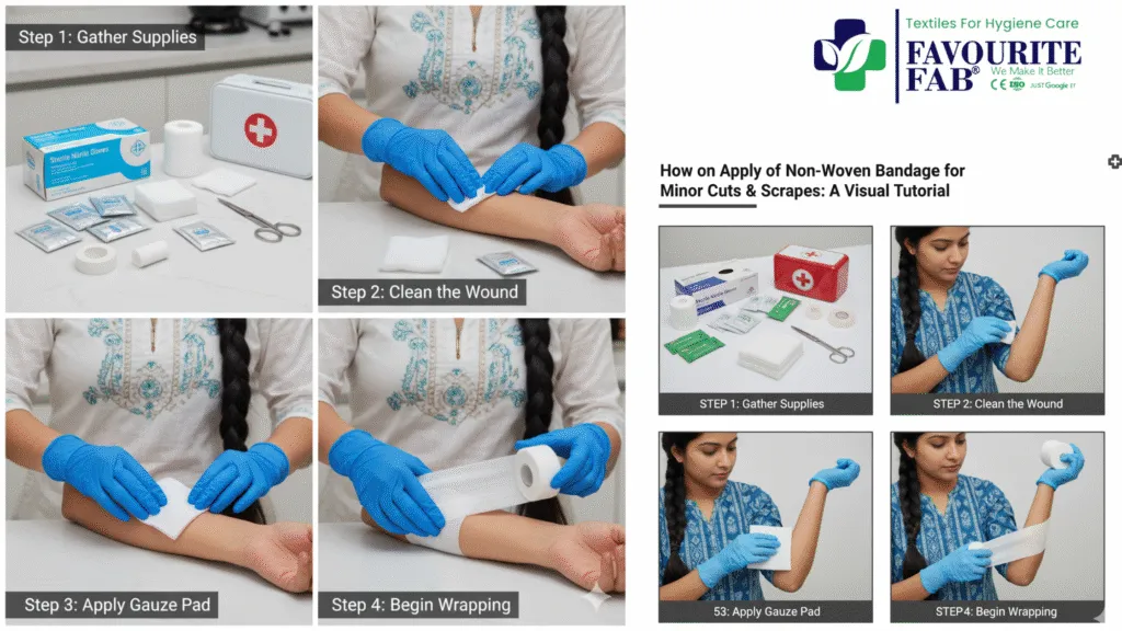 Image illustrating the correct how to apply non woven bandage technique in a step-by-step process for secure and comfortable wound care.