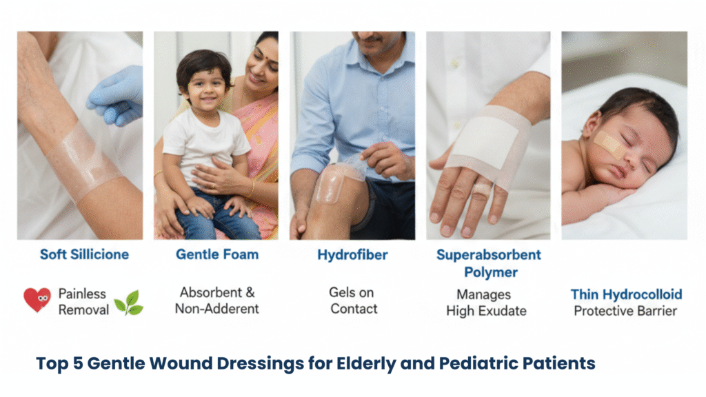 Visual guide comparing five types of gentle on skin wound dressing options suitable for pediatric and elderly patients to prevent skin stripping.