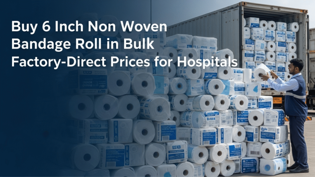 A secure, large-sized stack of medical-grade 6 inch non woven bandage roll products ready for bulk shipment to a hospital or clinic.