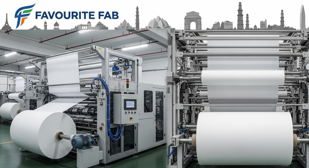 A high-resolution image showcasing the advanced hydroentanglement machinery used by the leading Spunlace Nonwoven Manufacturers in Delhi NCR to produce soft, strong, and pure spunlace fabric.