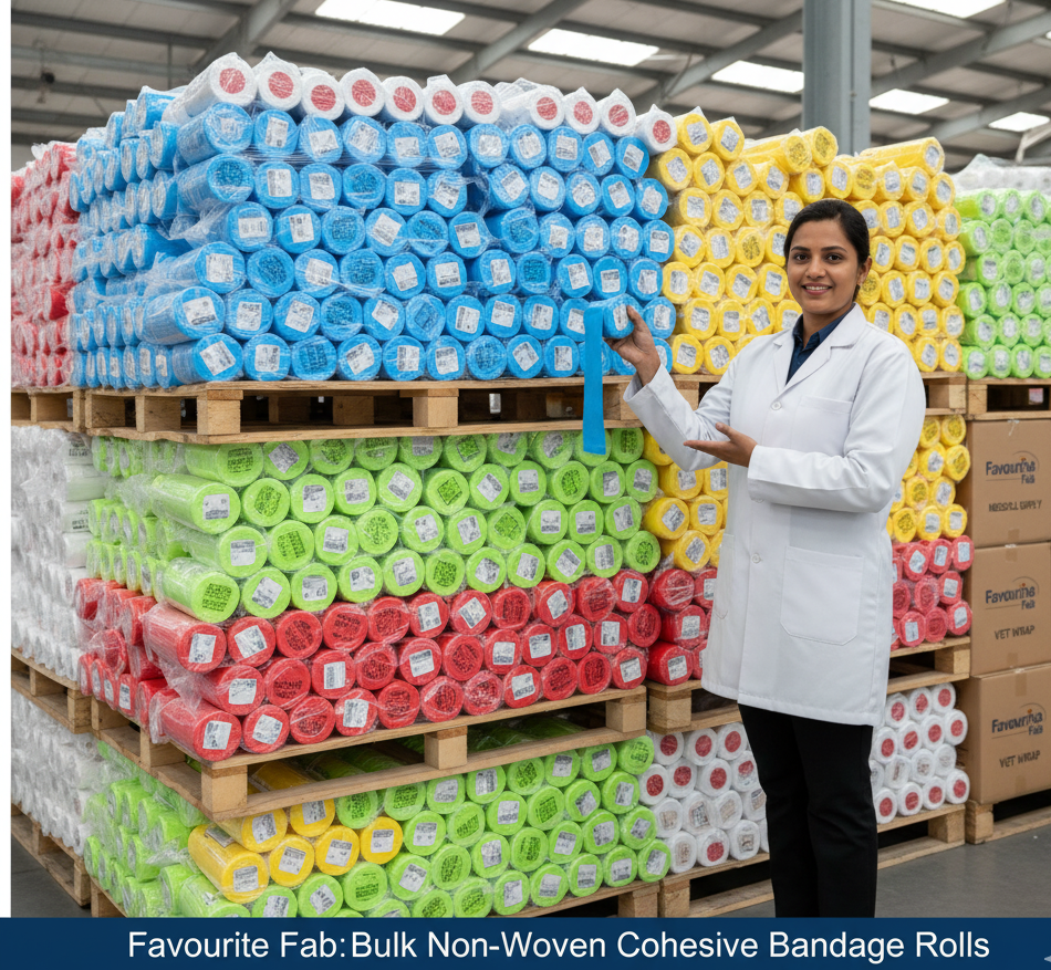 A secure stack of colorful non woven cohesive bandage roll products, highlighting bulk supply readiness for medical and veterinary markets.