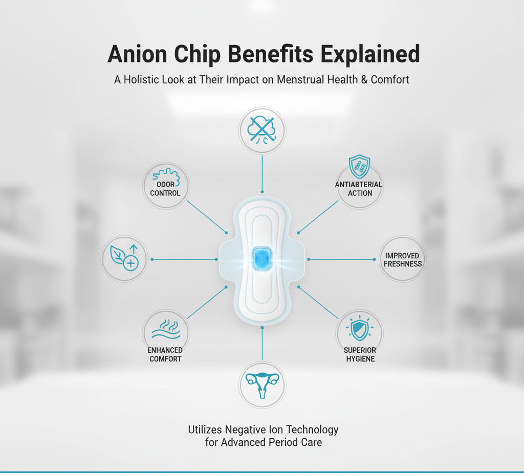 An infographic illustrating the multiple functional anion chip benefits, including odor control, antibacterial action, and improved freshness in sanitary products.