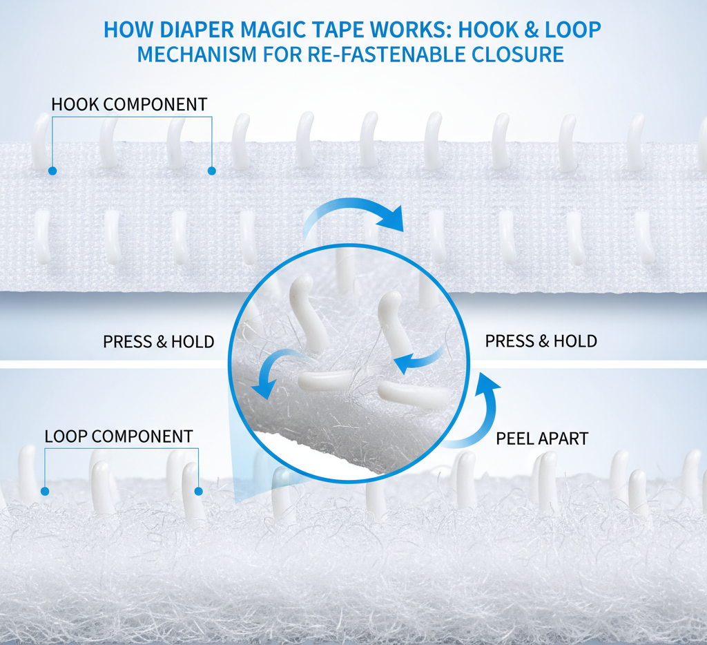 Diagram illustrating the hook and loop mechanism to visually explain How Diaper Magic Tape Works and achieves a strong, re-fastenable closure.